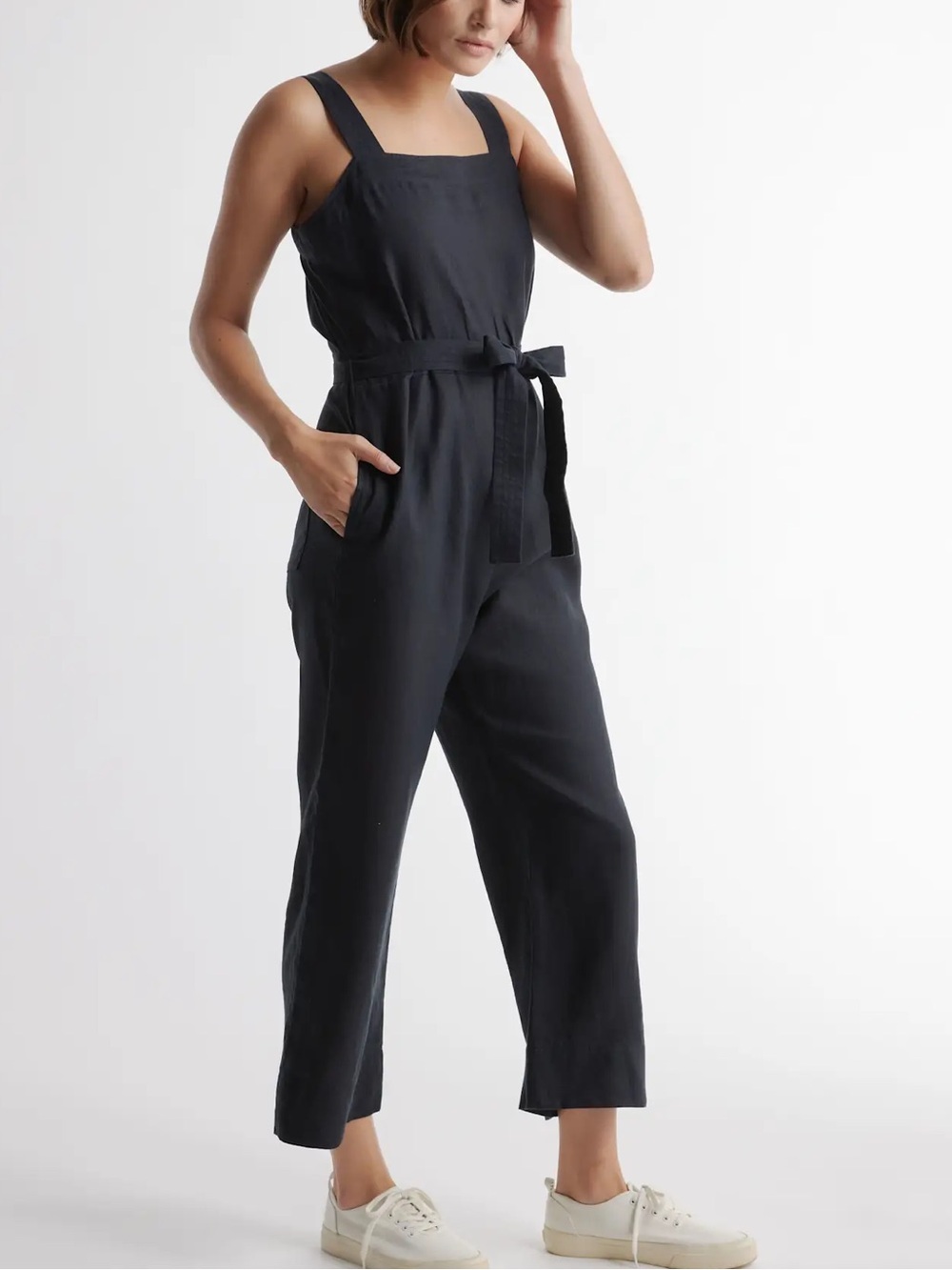 Quince Linen Square Neck Jumpsuit Small NWT Black - Picture 1 of 8